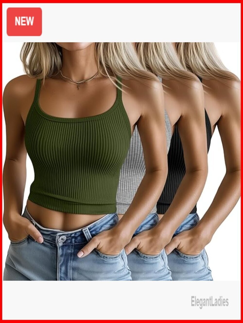 3 Pack Slim Fit Ribbed Tank Tops Scoop Neck Cotton Crop Camisoles
